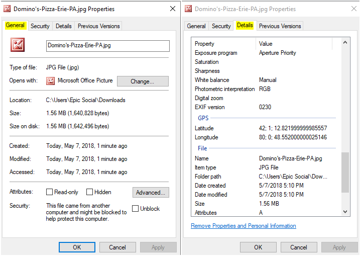 EXIF Data of Domino's Pizza Image